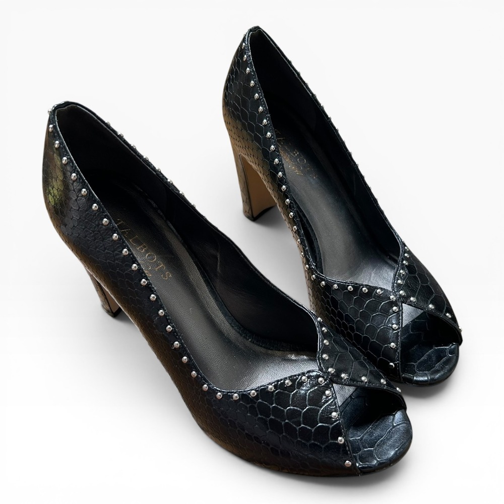 Talbots Priya Black Snakeskin Embossed Studded Peep Toe Pumps 10M NEW $149